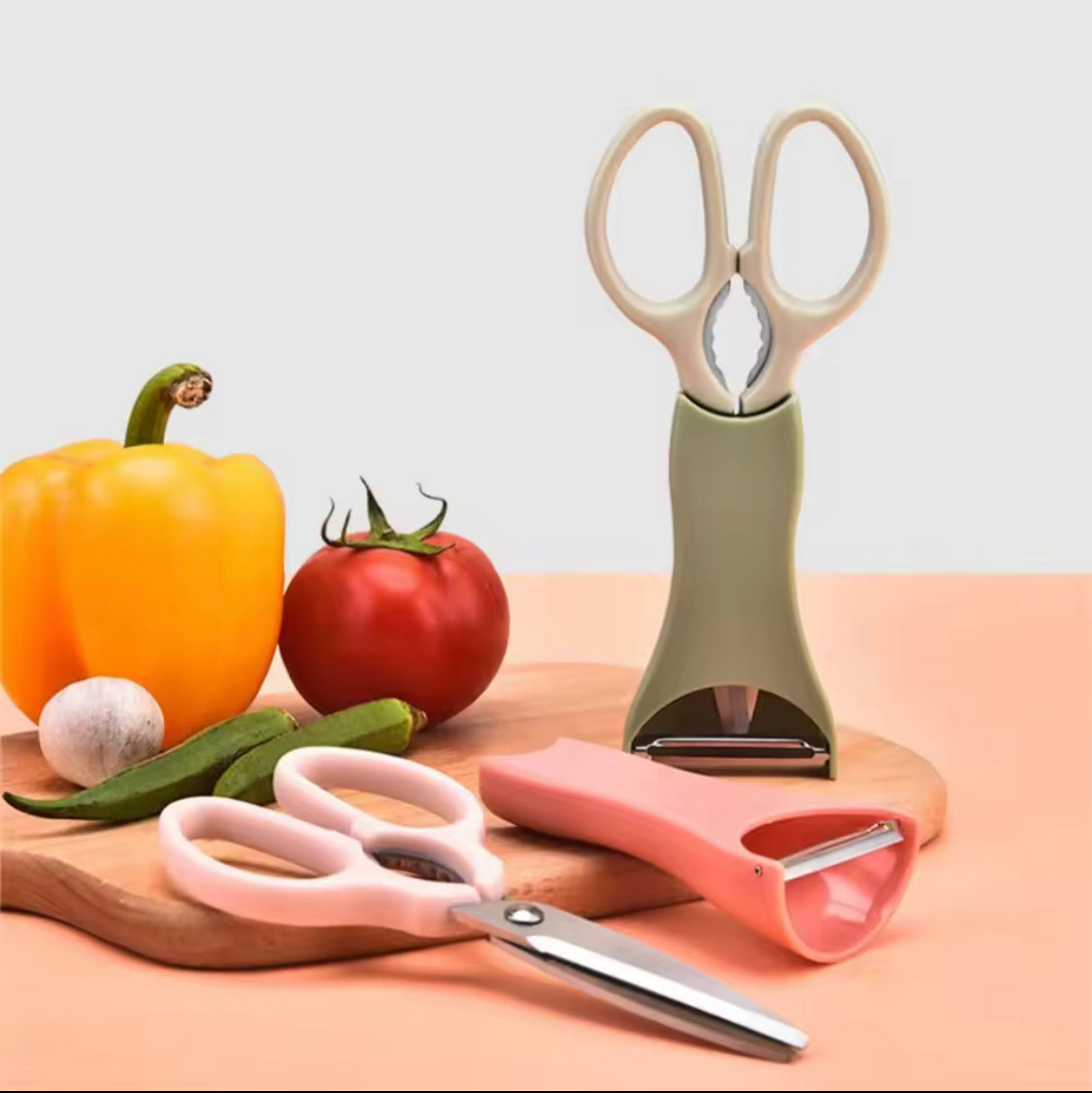 Kitchen Scissors And Peeler Set, Standable Stainless Steel Scissors And Peeler, Vegetable Cutting Scissors, Dryfruit Cutting Scissors And Peeler Kitchen Scissors And Peeler Set, Standable Stainless Steel Scissors And Peeler, Vegetable Cutting Scissors, Dryfruit Cutting Scissors And Peeler